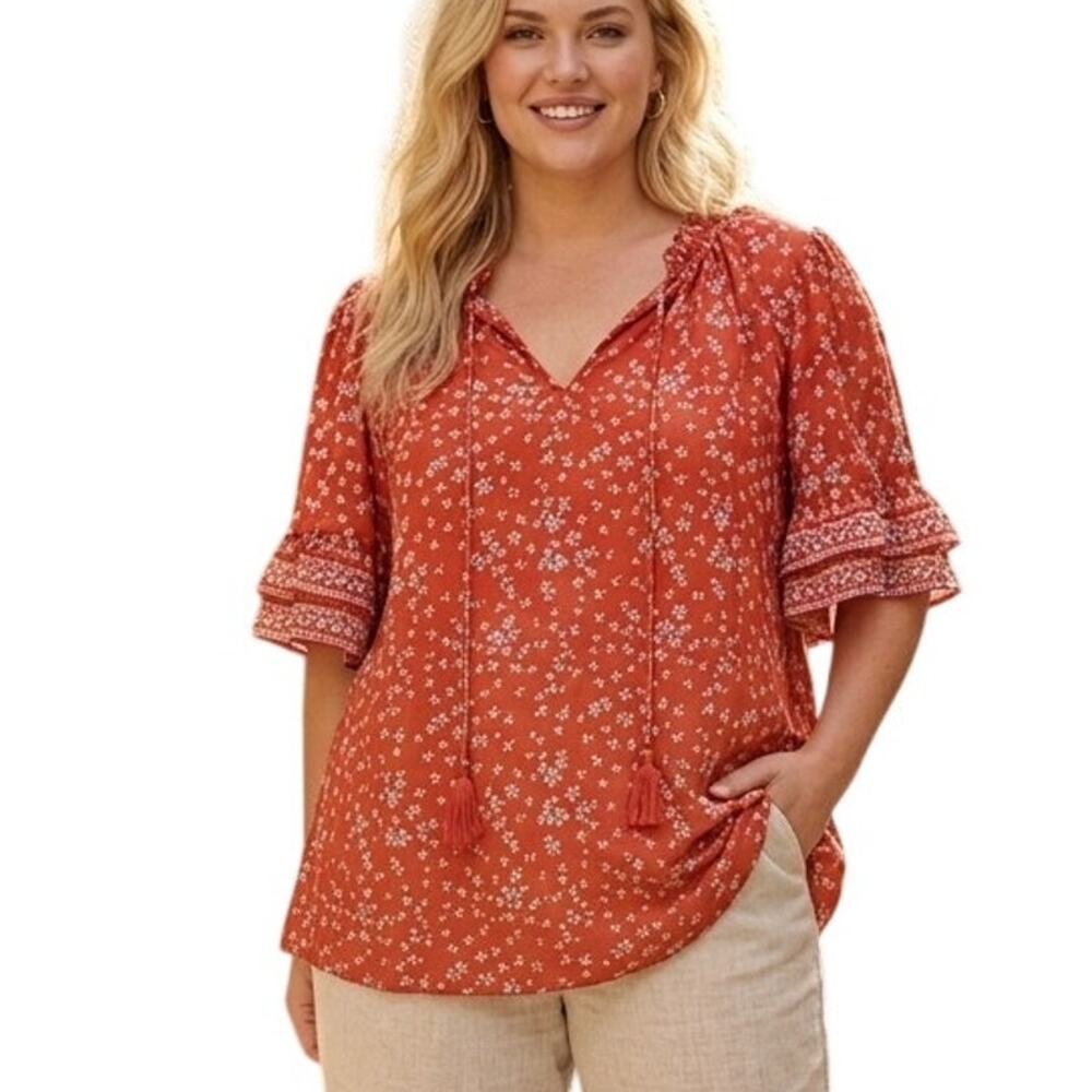 Max Studio Floral Peasant Top Womens Size 3X Sienna Ruffle Sleeve Tie Neck Boho